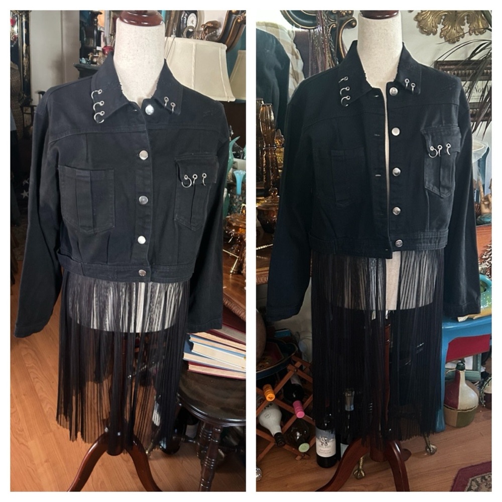 Pierced Black Denim Jacket w Detachable Sheer Tulle Panel - Picture 12 of 16